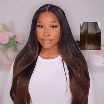 Front view of ODI-ONE LYNEÉ chestnut ombre yaki wig – 7x5 lace closure