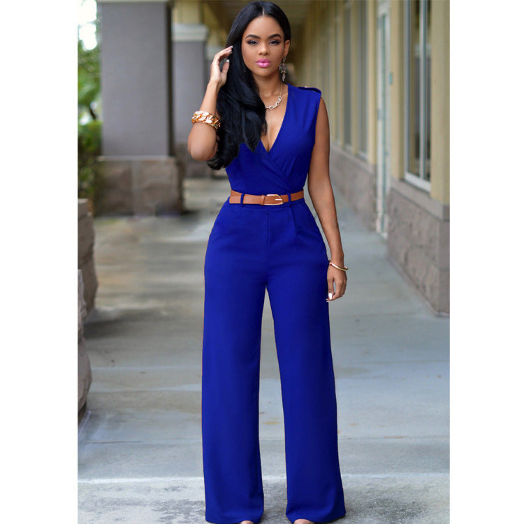 "Elegant V-Neck Belted Jumpsuit – High Waist & Wide-Leg Chic Set"