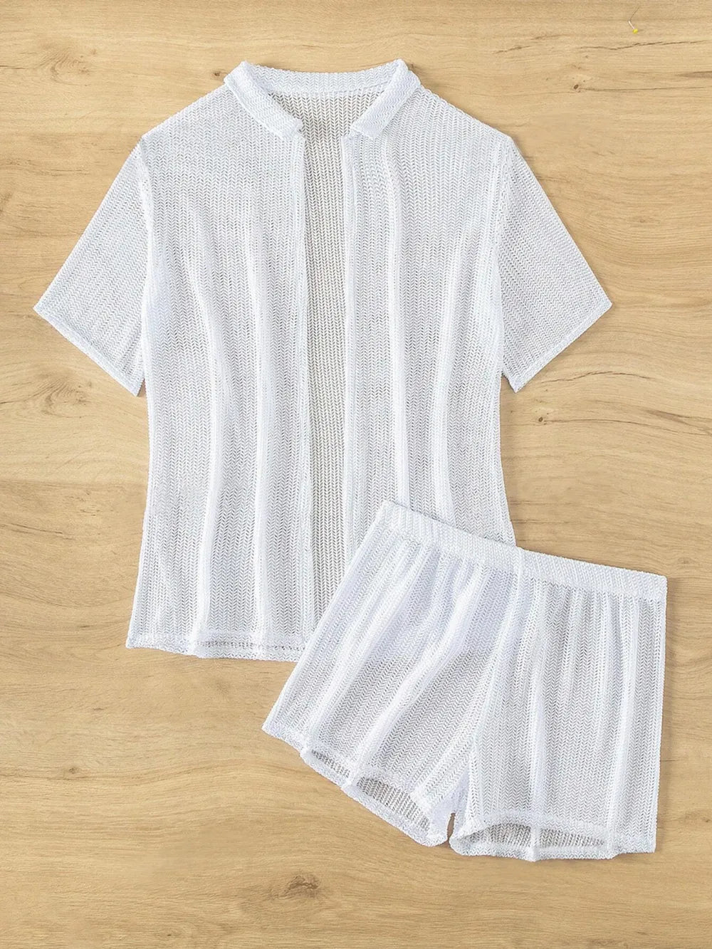 Model wearing open front half sleeve cover up top and shorts by ODI-ONE FASHION – summer beachwear set
