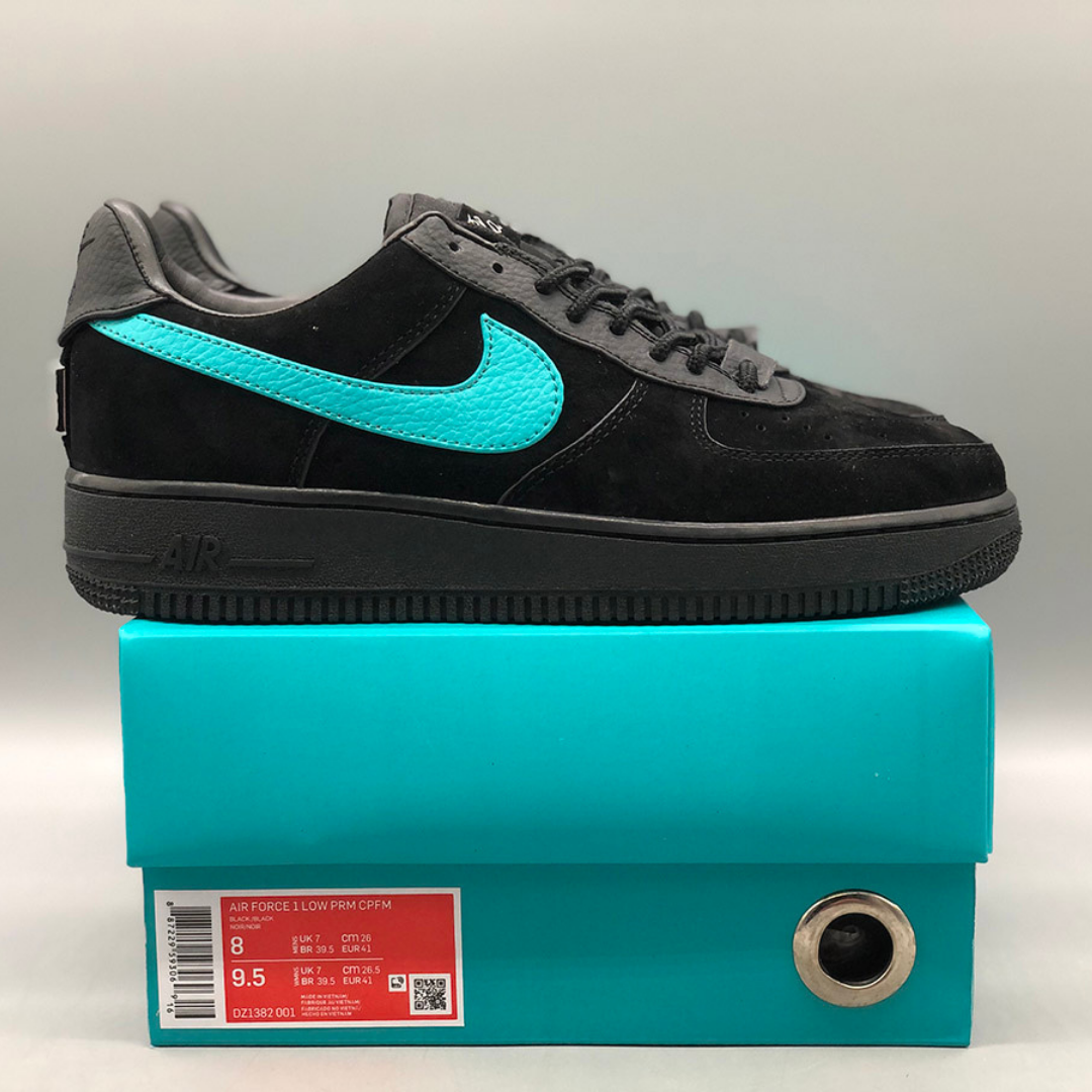 alt="Nike Air Force 1 Low Tiffany &amp; Co. 1837 Black Blue DZ1382-001 Sneakers Side View"
alt="Nike Air Force 1 Tiffany &amp; Co. Black Blue Limited Edition Luxury Sneakers"
alt="Nike Tiffany Air Force 1 1837 Black Blue Premium Suede Leather Design"
alt="Nike Air Force 1 Tiffany &amp; Co. Sneakers with Tiffany Blue Accents"
