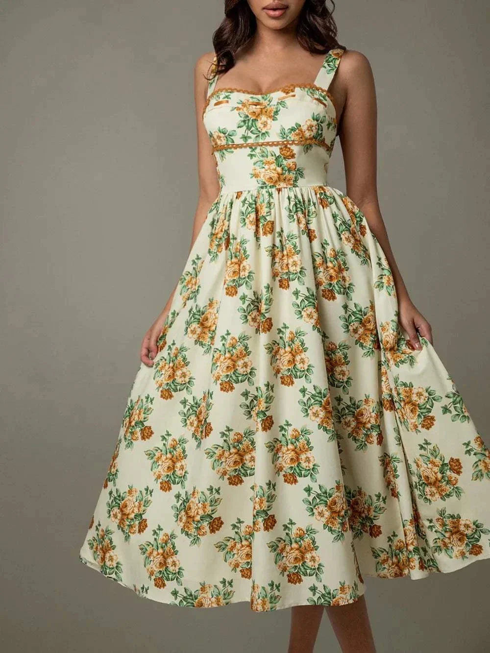 Woman wearing elegant floral lace midi dress – sleeveless summer style Bow Trim Tube Maxi Dress