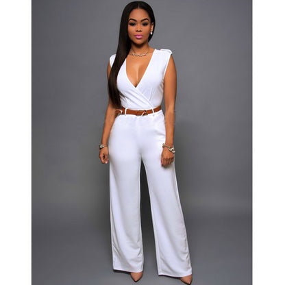 "Elegant V-Neck Belted Jumpsuit – High Waist & Wide-Leg Chic Set"