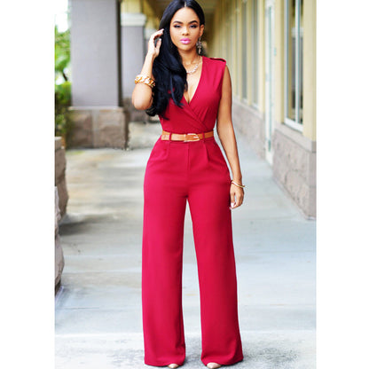 "Elegant V-Neck Belted Jumpsuit – High Waist & Wide-Leg Chic Set"