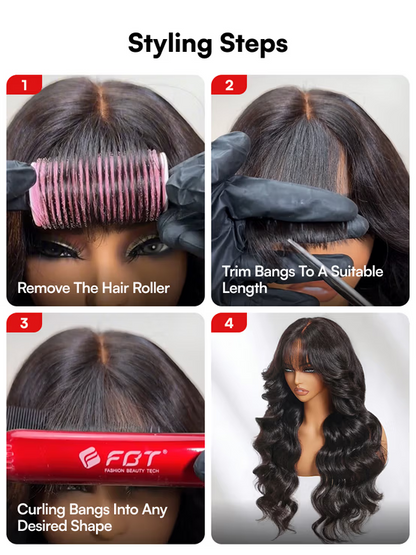 Step-by-step guide on styling hair with a hair roller and FBT tool.