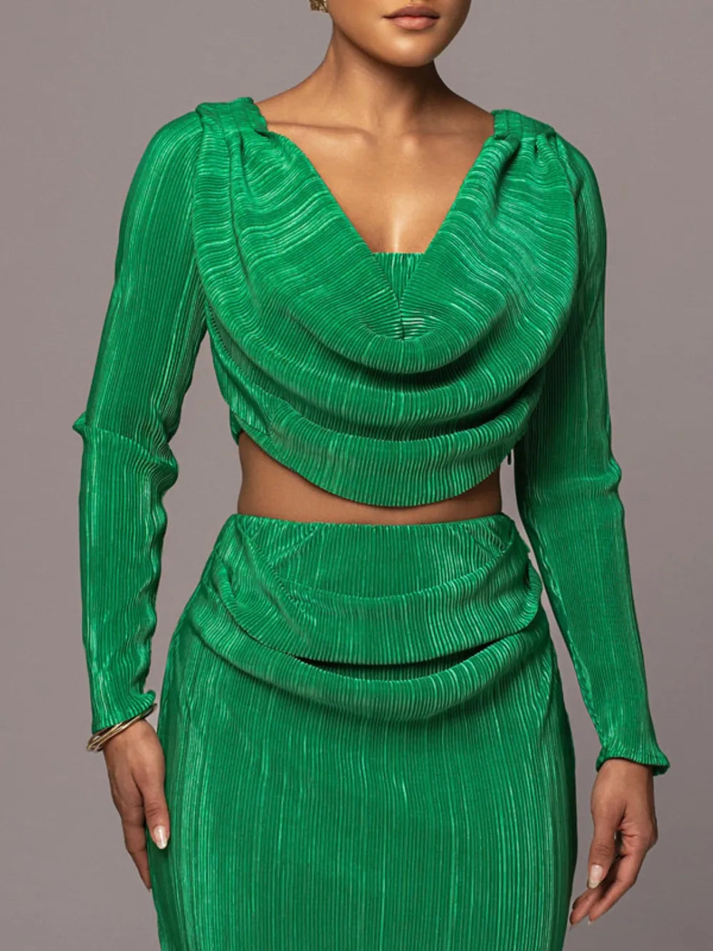 Model wearing Leila Set – ruched cowl neck top and maxi skirt