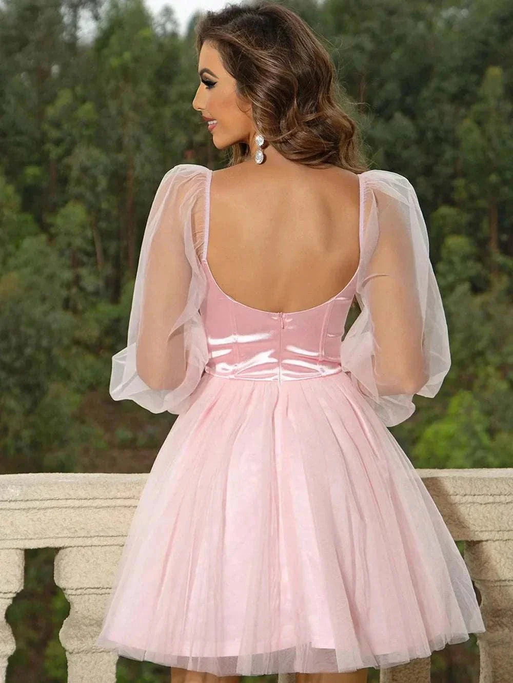 Back view of sweetheart neckline balloon sleeve dress