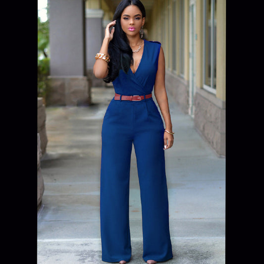 "Elegant V-Neck Belted Jumpsuit – High Waist & Wide-Leg Chic Set"