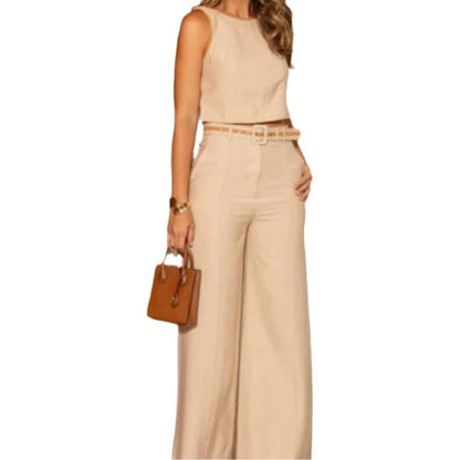 "Chic Solid Color Sleeveless Jumpsuit with High Waist & Wide Leg"