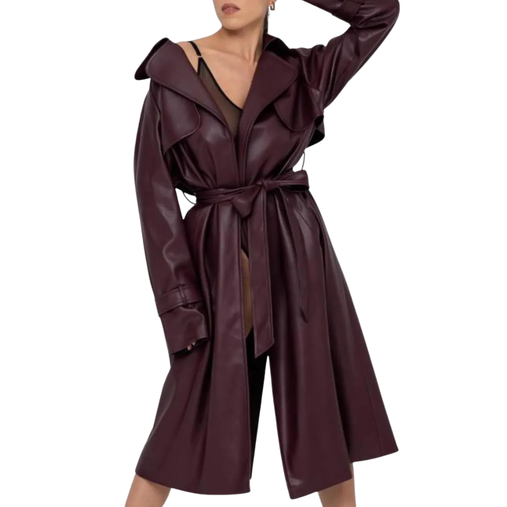 Isabella Burgundy Trench Coat – Women's Vegan Leather Long Belted Jacket in Wine Red
