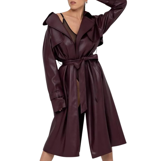 Isabella Burgundy Trench Coat – Women's Vegan Leather Long Belted Jacket in Wine Red
