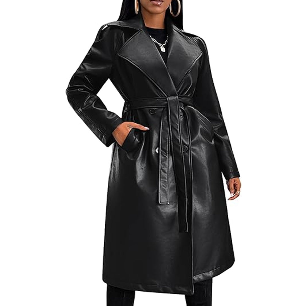 Black leather trench coat worn by a model on a white background