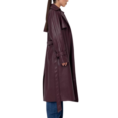 Isabella Burgundy Trench Coat – Women's Vegan Leather Long Belted Jacket in Wine Red
