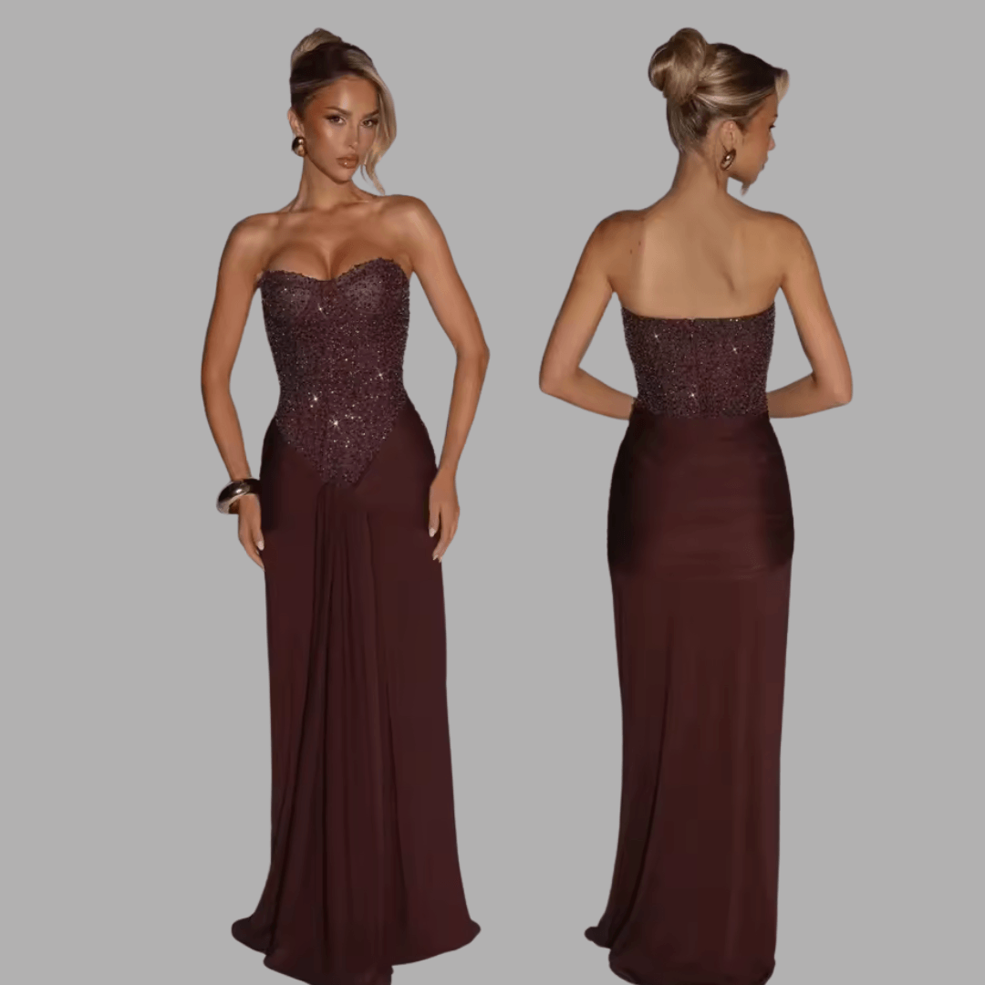 Model wearing Aurelia plum brown satin maxi dress
