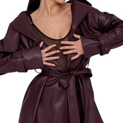 Isabella Burgundy Trench Coat – Women's Vegan Leather Long Belted Jacket in Wine Red
