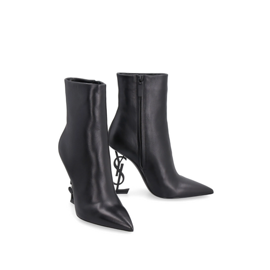 Aurelia 105mm Opyum Boots – Luxury Saint Laurent Black Patent Leather Heels with Monogram YSL Heel
