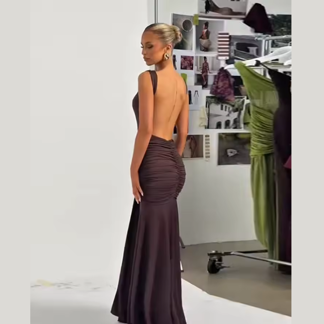 Model wearing plum brown flowy maxi skirt – Fae Flow by ODI-ONE FASHION
