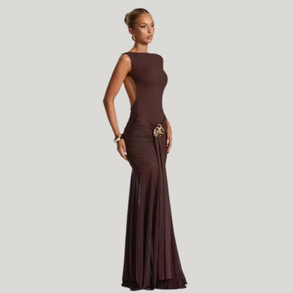 Model wearing plum brown flowy maxi skirt – Fae Flow by ODI-ONE FASHION
