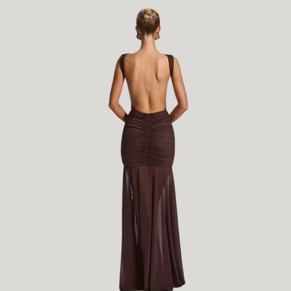 Model wearing plum brown flowy maxi skirt – Fae Flow by ODI-ONE FASHION

