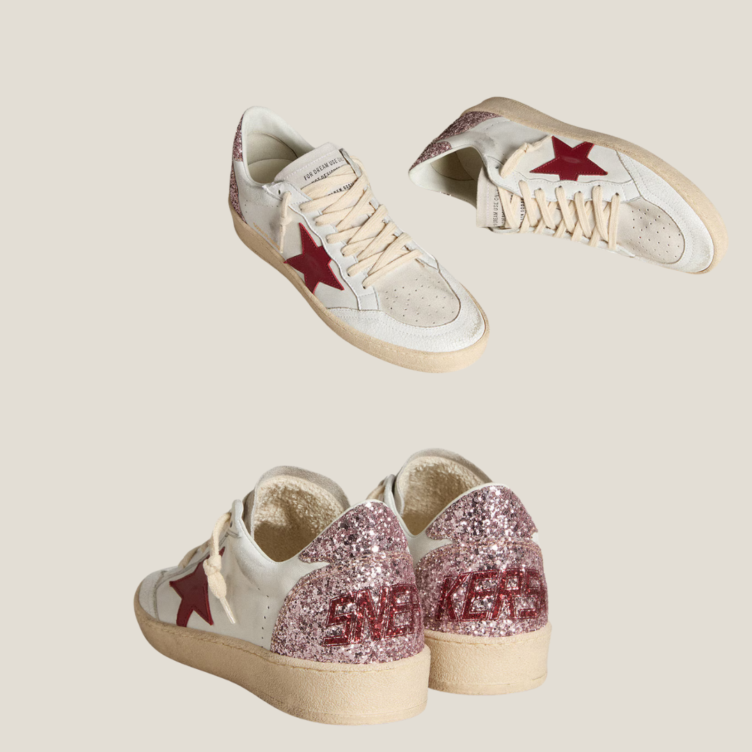 Women’s Ball Star LTD Sneakers with Red Leather Star and Pink Glitter Heel – Fashion Streetwear Shoes
