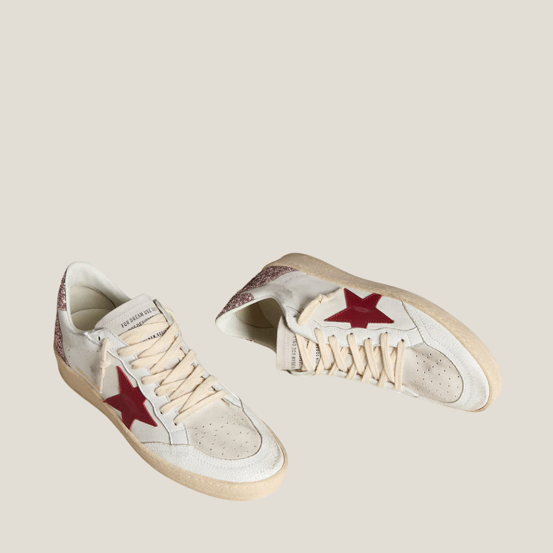 Women’s Ball Star LTD Sneakers with Red Leather Star and Pink Glitter Heel – Fashion Streetwear Shoes