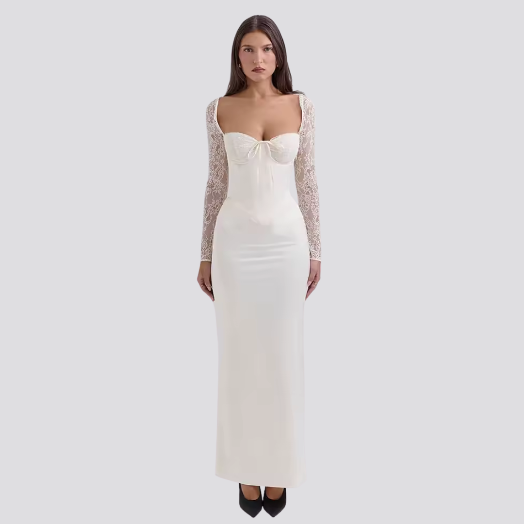 Isabella White Satin Corset Maxi Dress – Elegant women's evening and bridal gown
