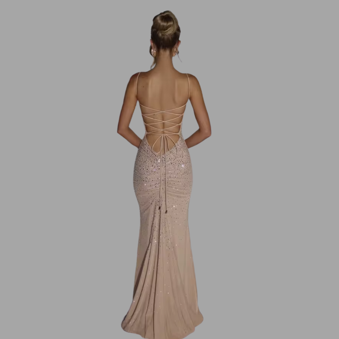 Aurora Rhinestone Maxi Dress – Sexy Backless Crystal Evening Gown
