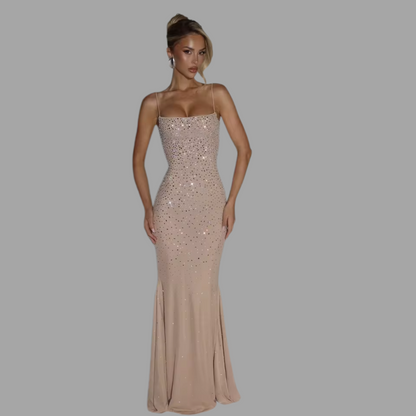 Aurora Rhinestone Maxi Dress – Sexy Backless Crystal Evening Gown
