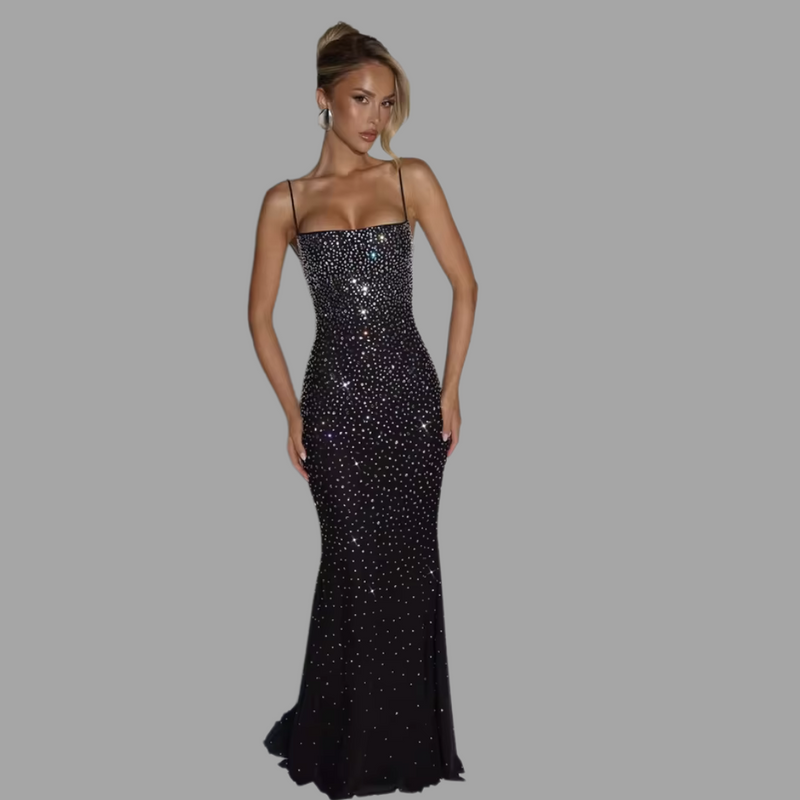 Amara Corset Maxi Dress in Black – Elegant Strapless Maxi Evening Dress
