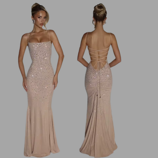 Aurora Rhinestone Maxi Dress – Sexy Backless Crystal Evening Gown
