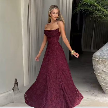 Aurelia Cherry Maxi Dress – Red Lace-Up Evening Gown for Women
