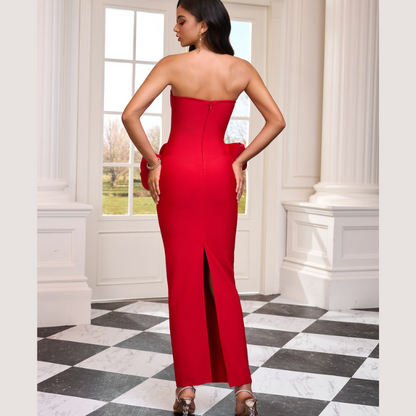 Model wearing Roselina strapless floral bandage dress with rose details – ODI-ONE FASHION
