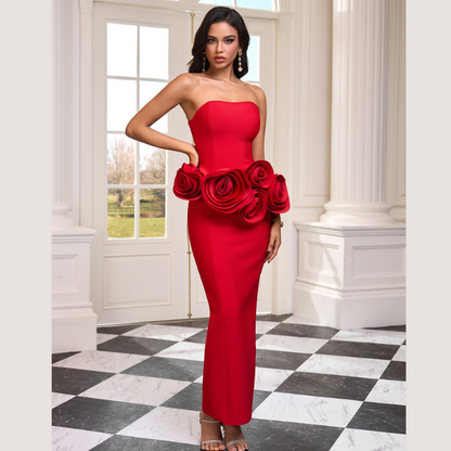 Model wearing Roselina strapless floral bandage dress with rose details – ODI-ONE FASHION
