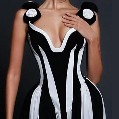 Elegant long black white contrast dress  