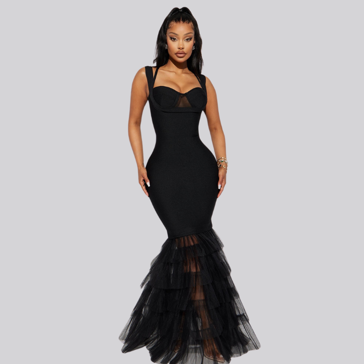 Selena Noir black bandage and tulle gown front view
