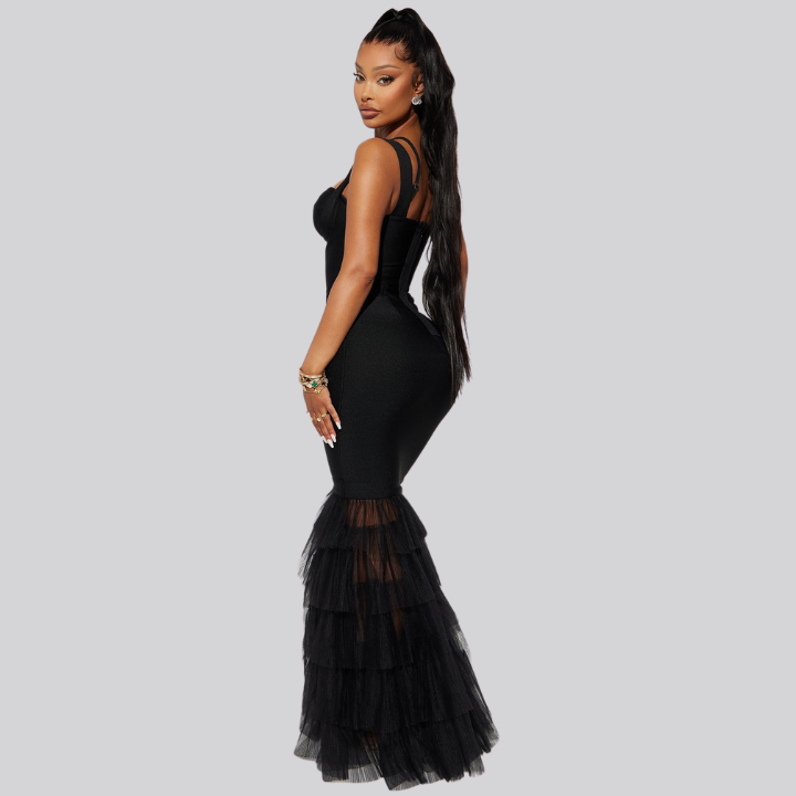 Red carpet ready black gown with layered tulle  