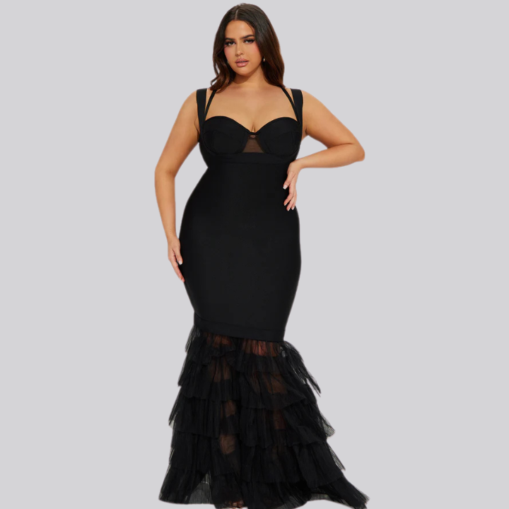 Elegant long black formal gown with dramatic tulle  