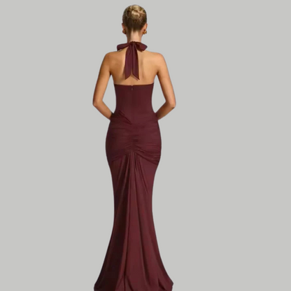 Back view of sleeveless halter summer gown