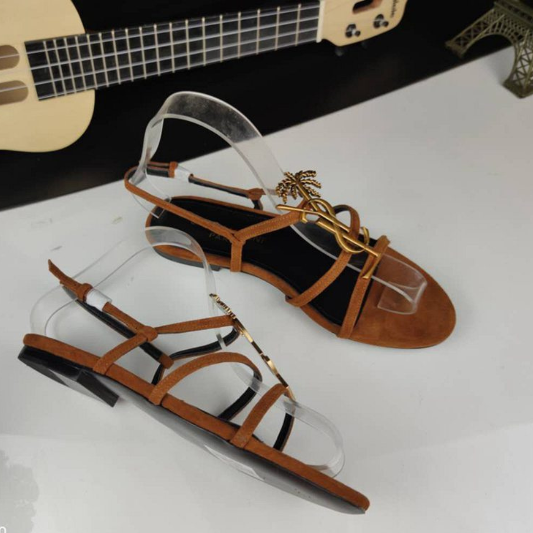 Image 2 (Bronze): Bronze YSL Lysandra Luxe Sandals with Gold Logo and Palm Accent
