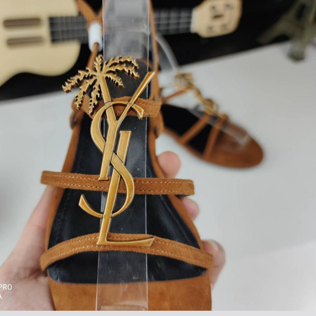 Image 2 (Bronze): Bronze YSL Lysandra Luxe Sandals with Gold Logo and Palm Accent
