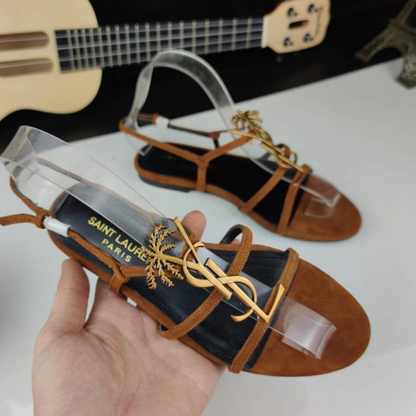 Image 2 (Bronze): Bronze YSL Lysandra Luxe Sandals with Gold Logo and Palm Accent
