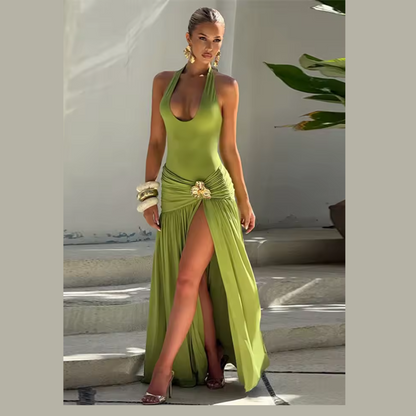 Model wearing olive ruched maxi skirt with orchid brooch and thigh slit – ODI-ONE FASHION
