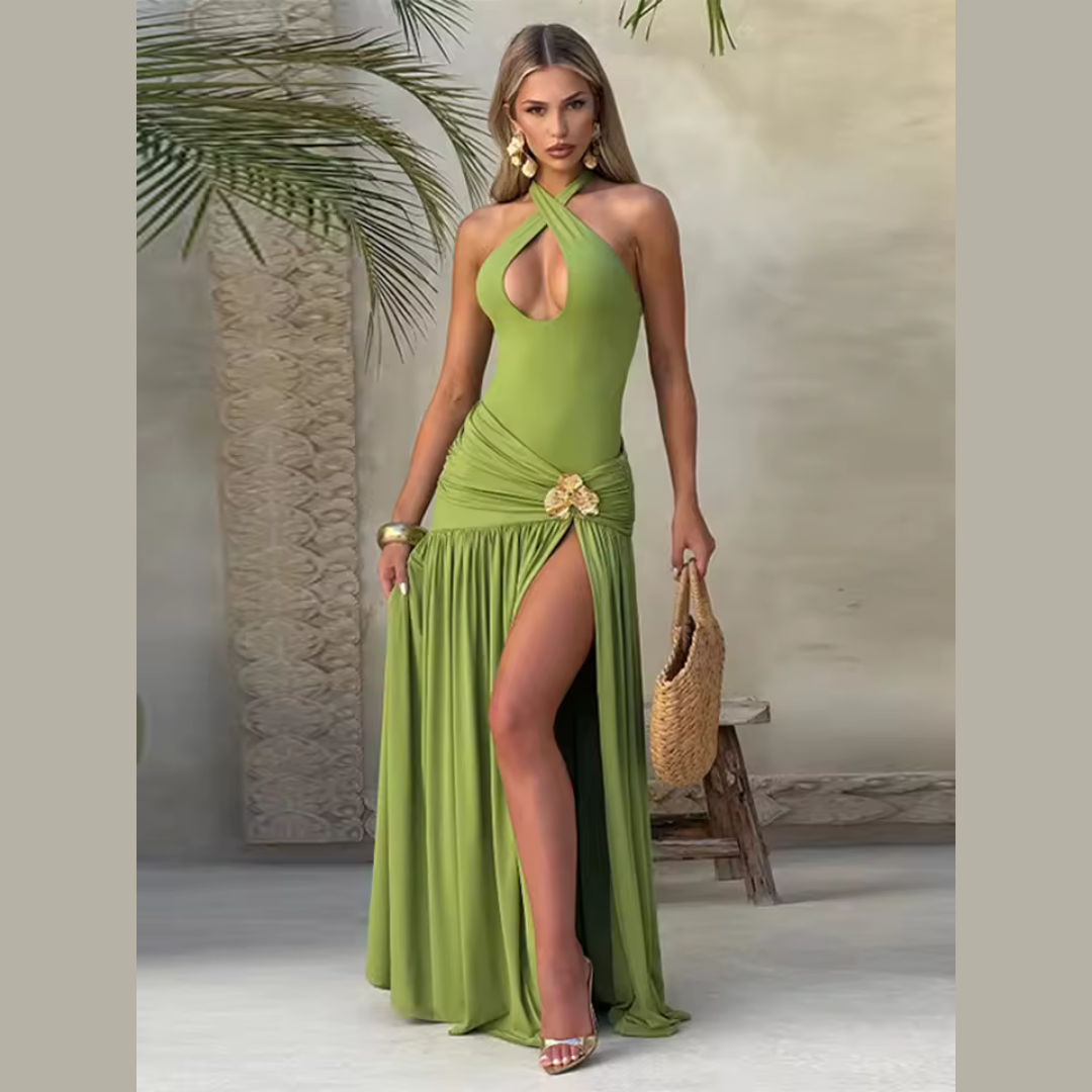 Model wearing olive ruched maxi skirt with orchid brooch and thigh slit – ODI-ONE FASHION