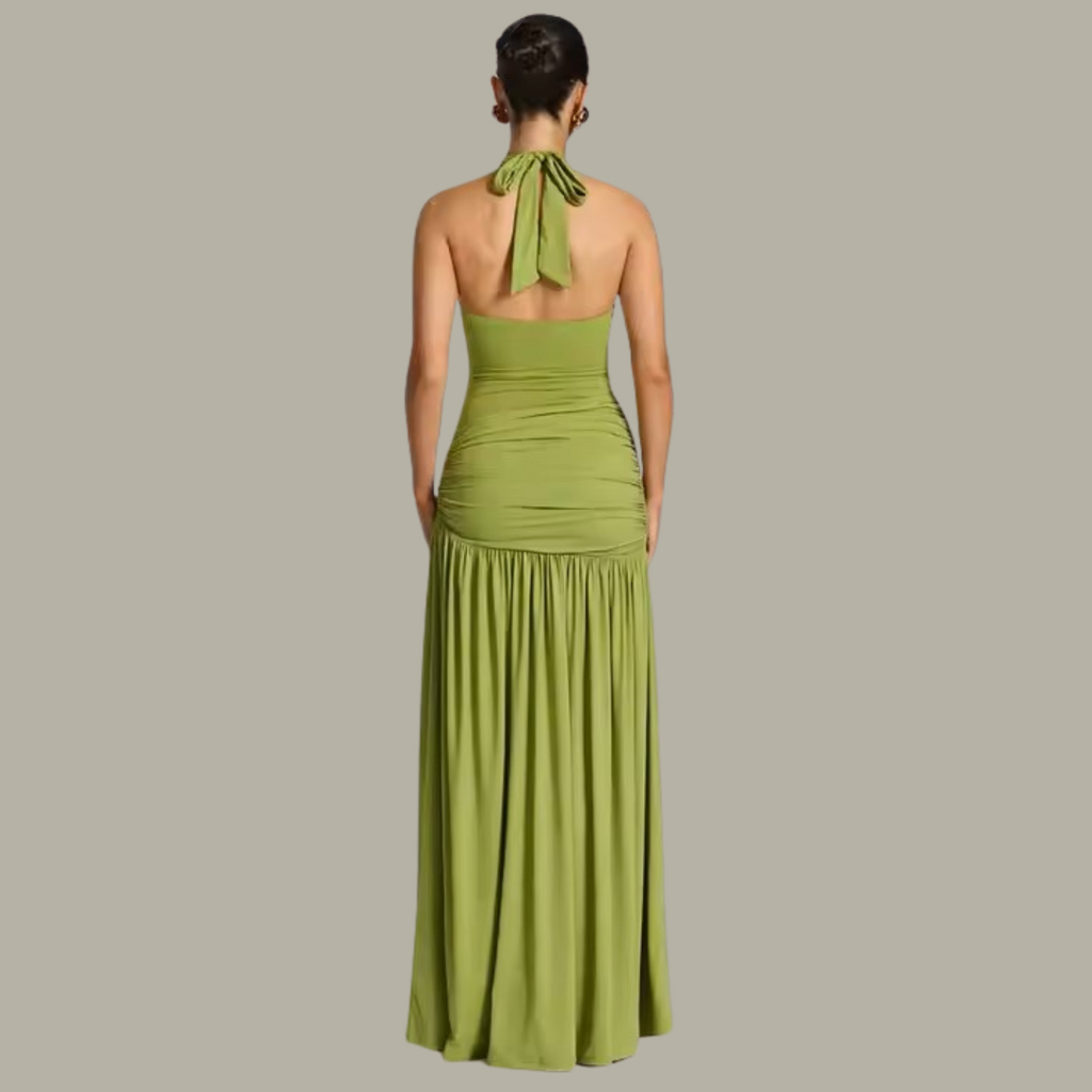 Model wearing olive ruched maxi skirt with orchid brooch and thigh slit – ODI-ONE FASHION
