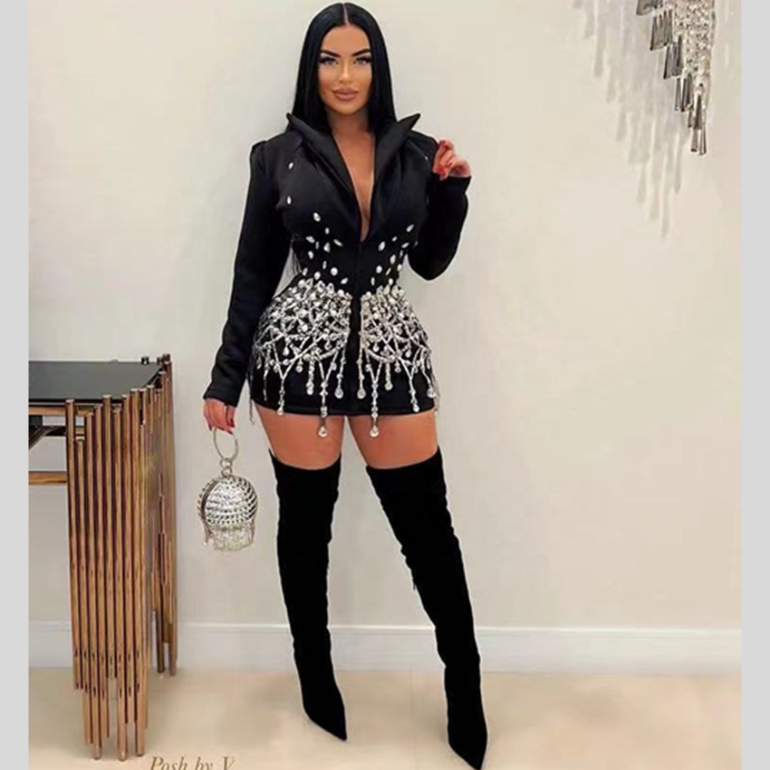 Model wearing black blazer-style mini dress with crystal pearl embellishments – ODI-ONE FASHION Luna Noir Mini Dress