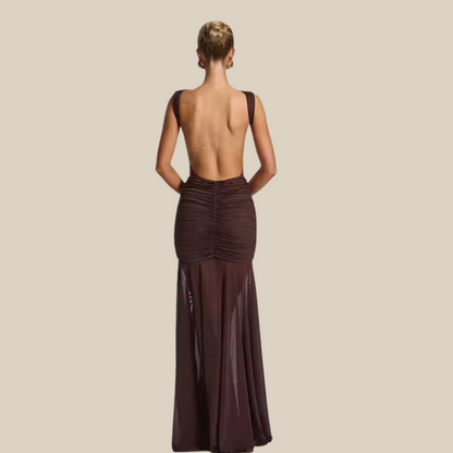 Model wearing plum brown flowy maxi skirt – Fae Flow by ODI-ONE FASHION
