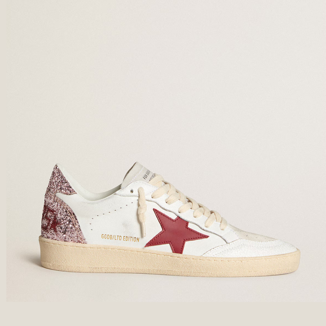 Women’s Ball Star LTD Sneakers with Red Leather Star and Pink Glitter Heel – Fashion Streetwear Shoes
