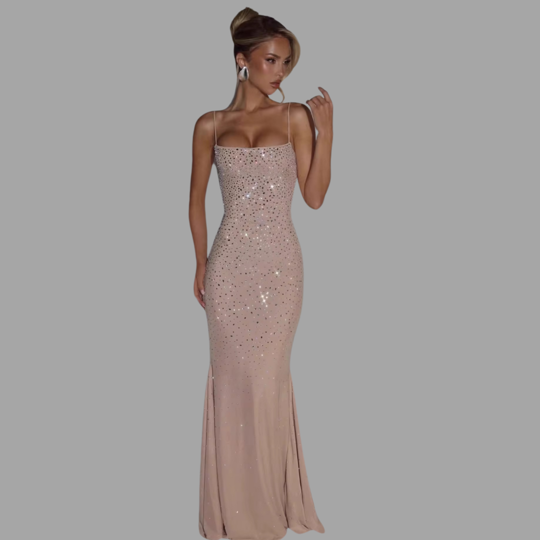 Aurora Rhinestone Maxi Dress – Sexy Backless Crystal Evening Gown
