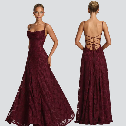 Aurelia Cherry Maxi Dress – Red Lace-Up Evening Gown for Women
