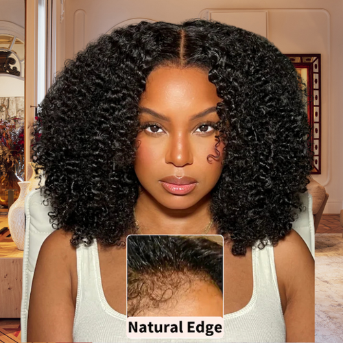 Glueless 13x4 kinky curly lace wig with natural edges and pre-cut transparent lace.