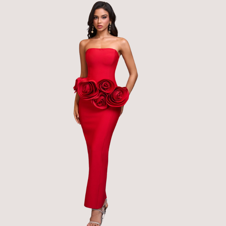 Model wearing Roselina strapless floral bandage dress with rose details – ODI-ONE FASHION

